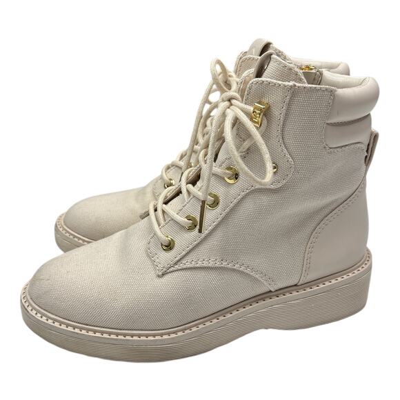 Michael Kors Womens Size 7 Trudy Cream Canvas Lace Up Bootie Boots - Picture 3 of 6